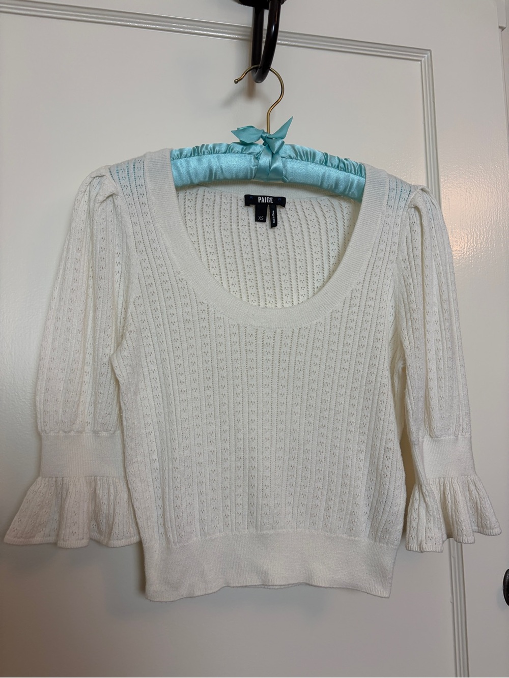 PAIGE Magnolia Pointelle Ivory Knit Sweater with Ruffle Sleeve Design